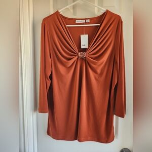 Susan Graver Glitzy Liquid Knit Beaded Embellish Blouse Size L NWT 3/4 Sleeve